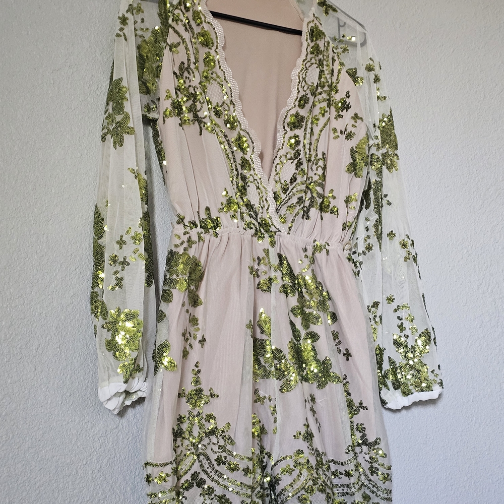 Blush Long-Sleeve Sequin Floral Romper